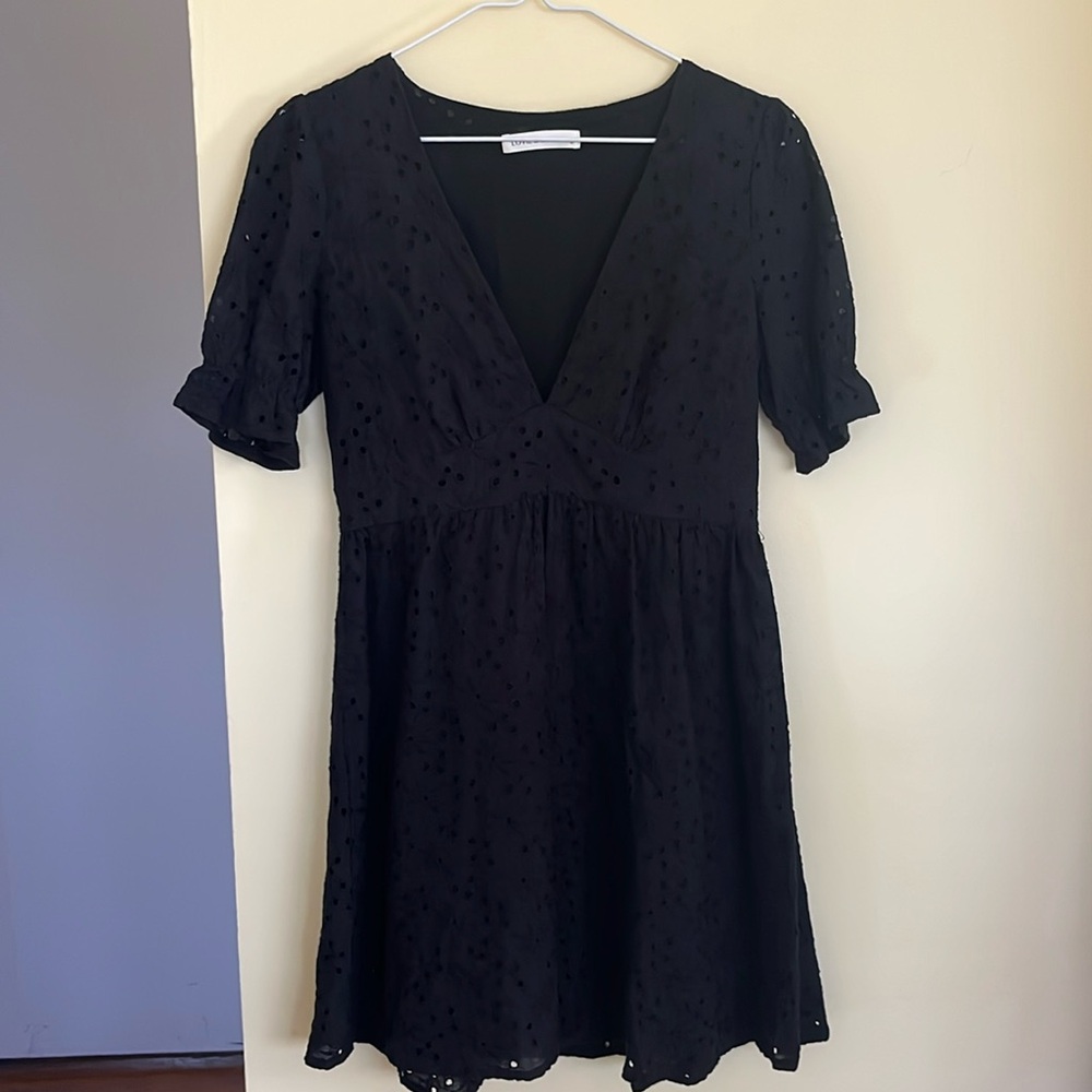 Black eyelet mini dress, deep v neck, size small